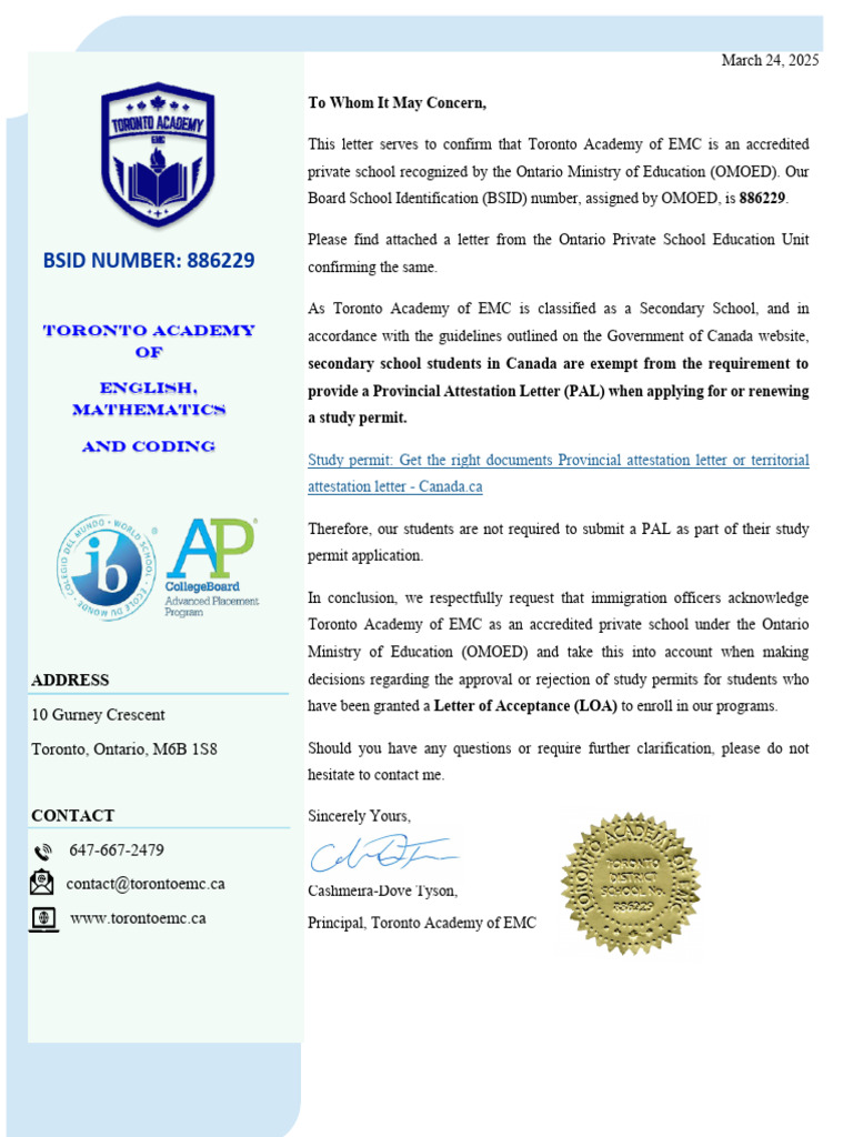 Accredited Ontario Private School Confirmation | PDF