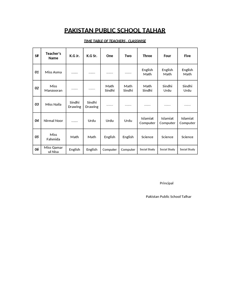 Pakistan Public School Talhar: Time Table of Teachers, Classwise | PDF