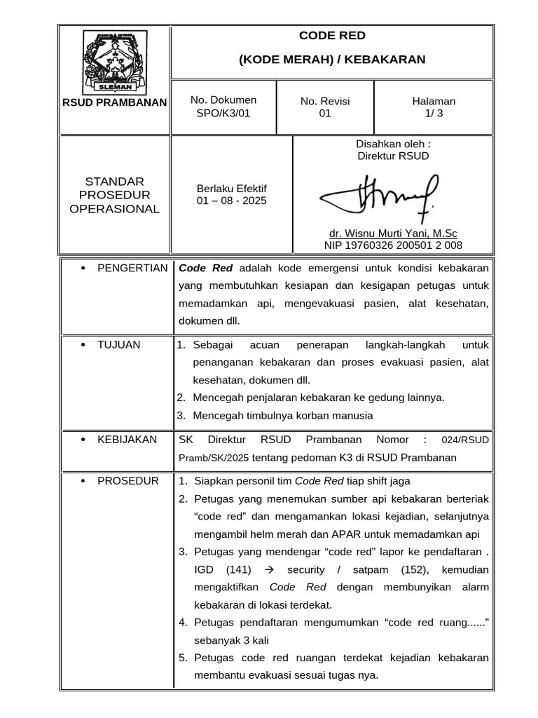 Prosedur Code Red Kebakaran RSUD Prambanan | PDF