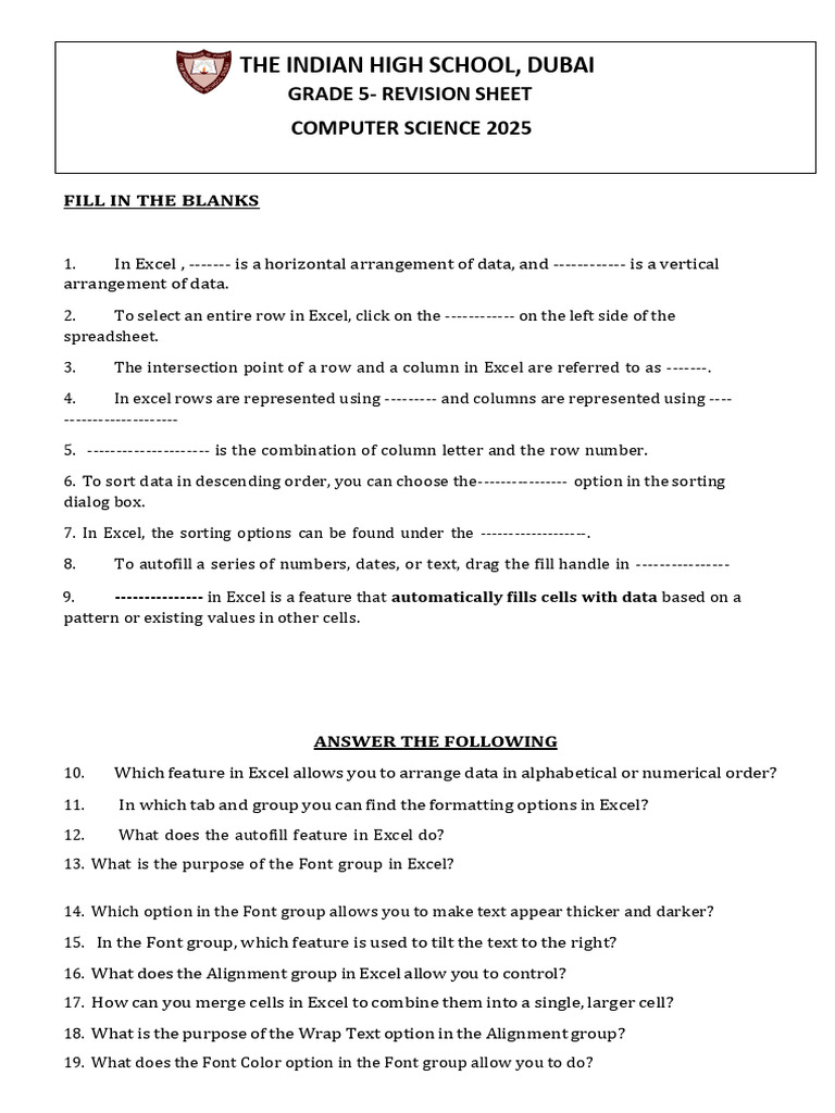 Grade 5 HY Revision Sheet | PDF | Microsoft Excel | Spreadsheet
