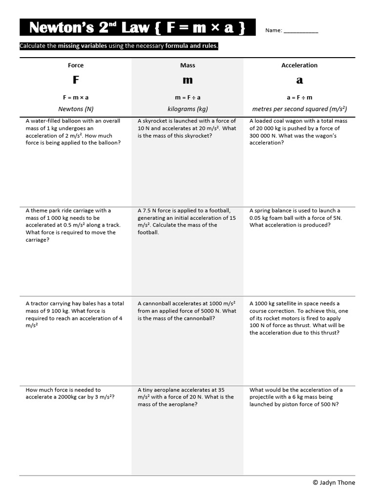 Newton2ndLawWorksheet | PDF | Force | Mass