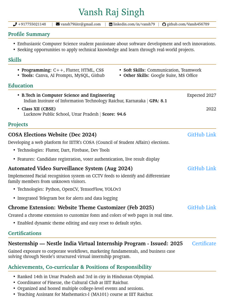 Vansh Raj Singh: Profile Summary | PDF