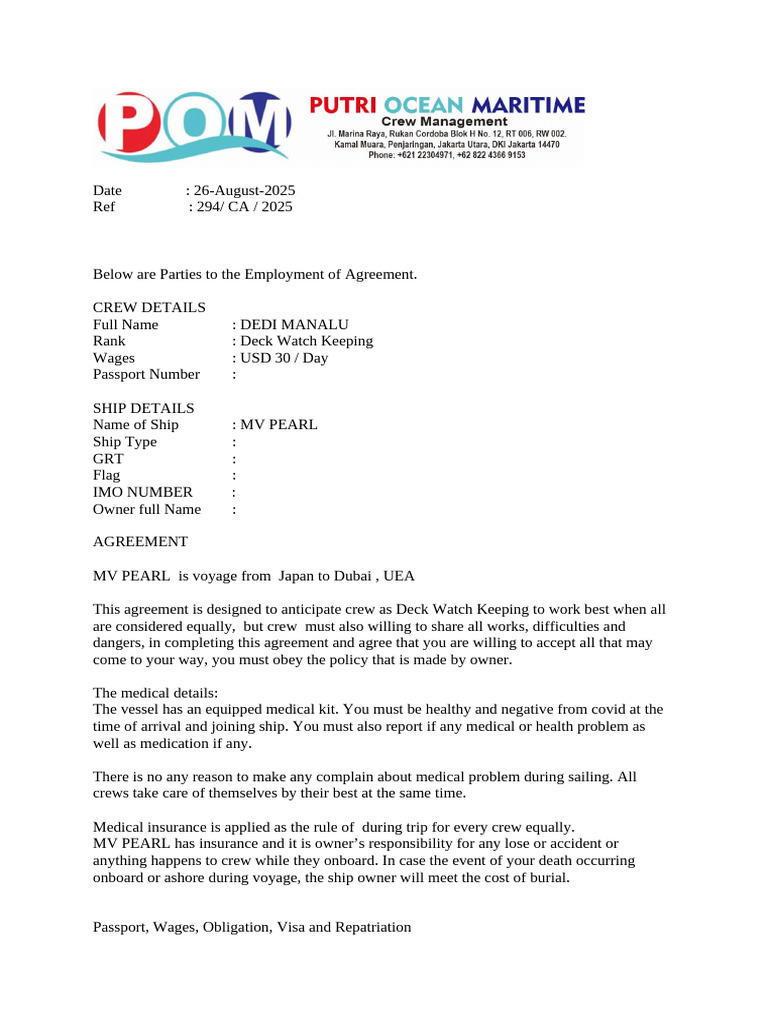 Employment Agreement for Deck Crew | PDF | Shipping | Water Transport