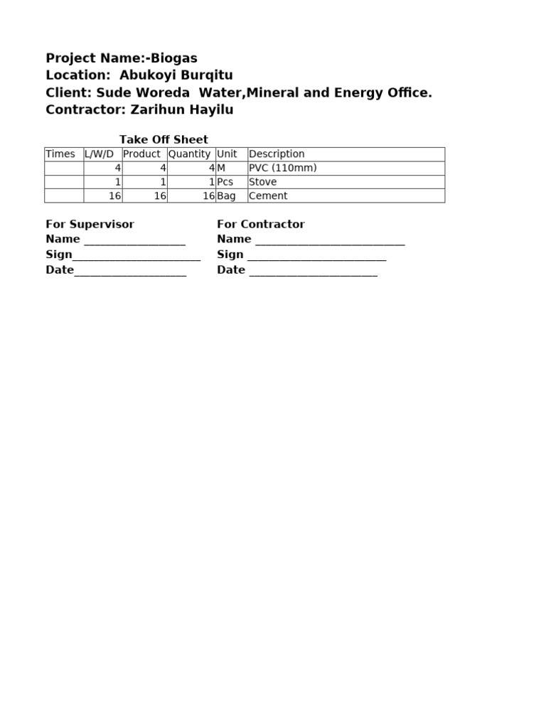 Biogas Project Take Off Sheet | PDF