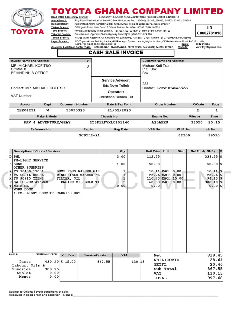 Toyota Ghana Company Limited Invoice | PDF