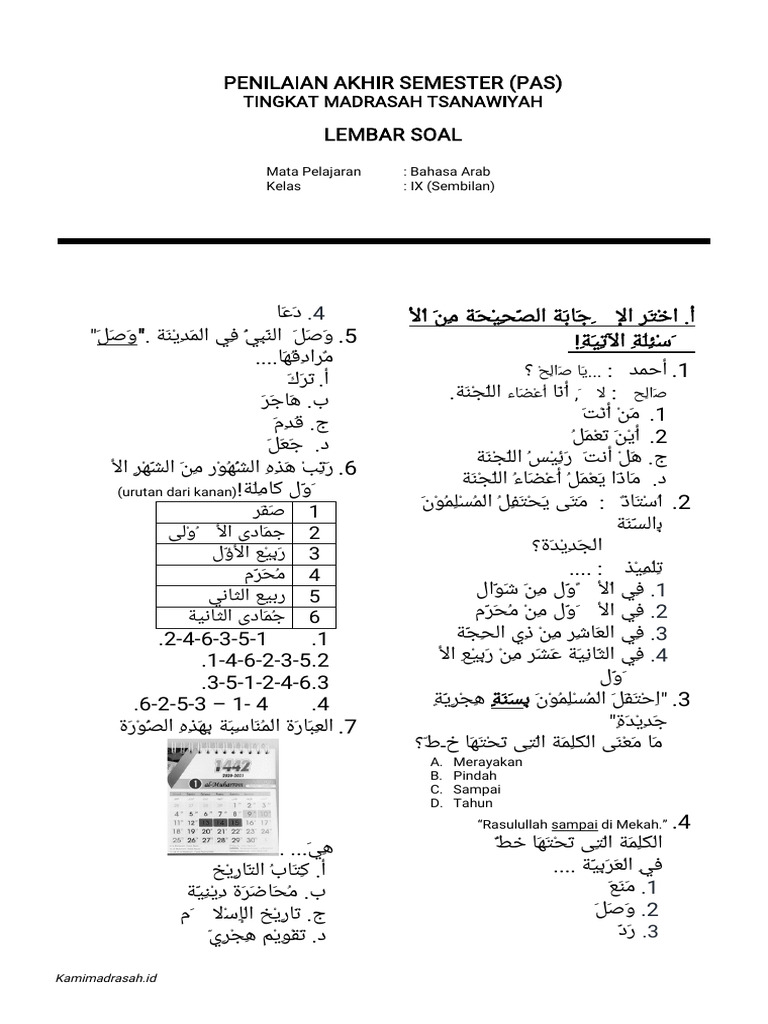 SOAL PAS BHS - ARAB KELAS 9 - Kamimadrasah | PDF