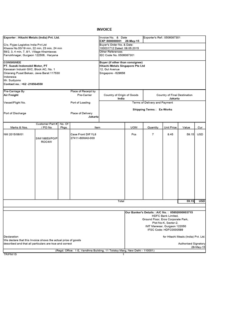 THFM15 Export Invoice | PDF | Business Documents | Supply Chain Management