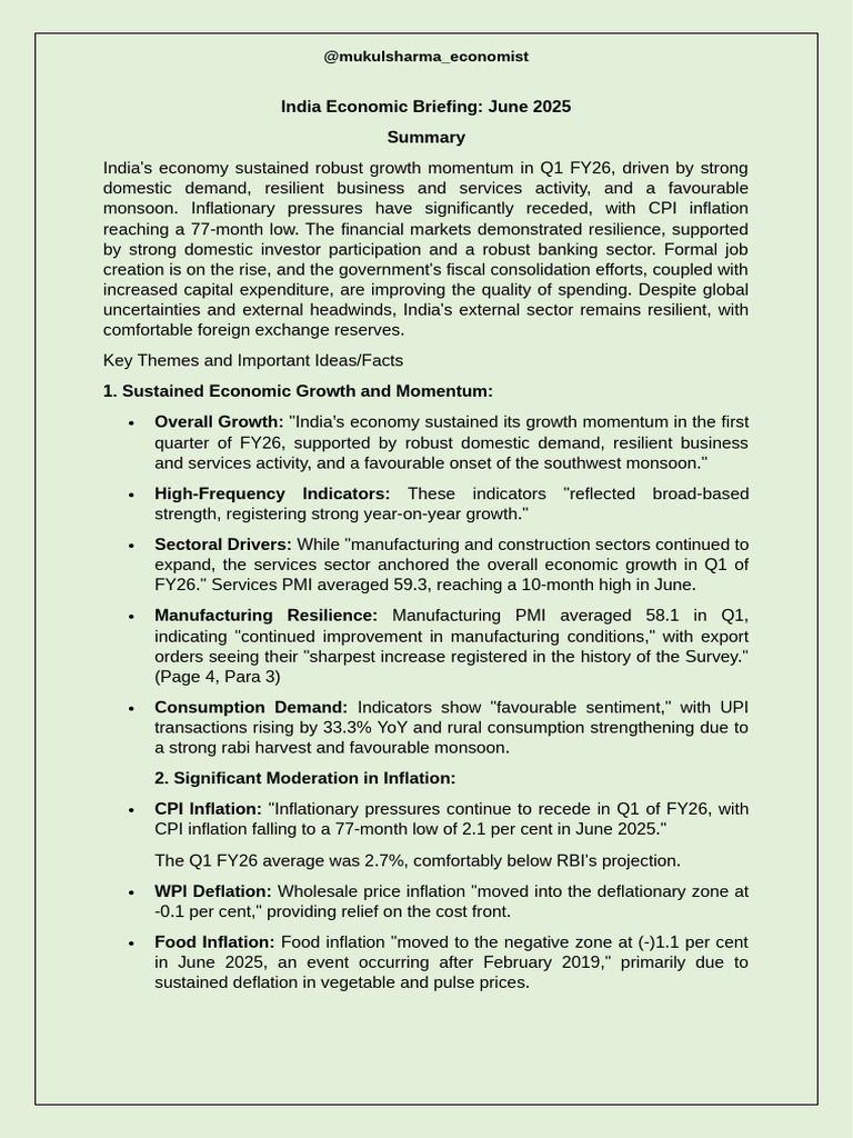 India Economic Briefing: Q1 FY26 Insights | PDF | Inflation ...