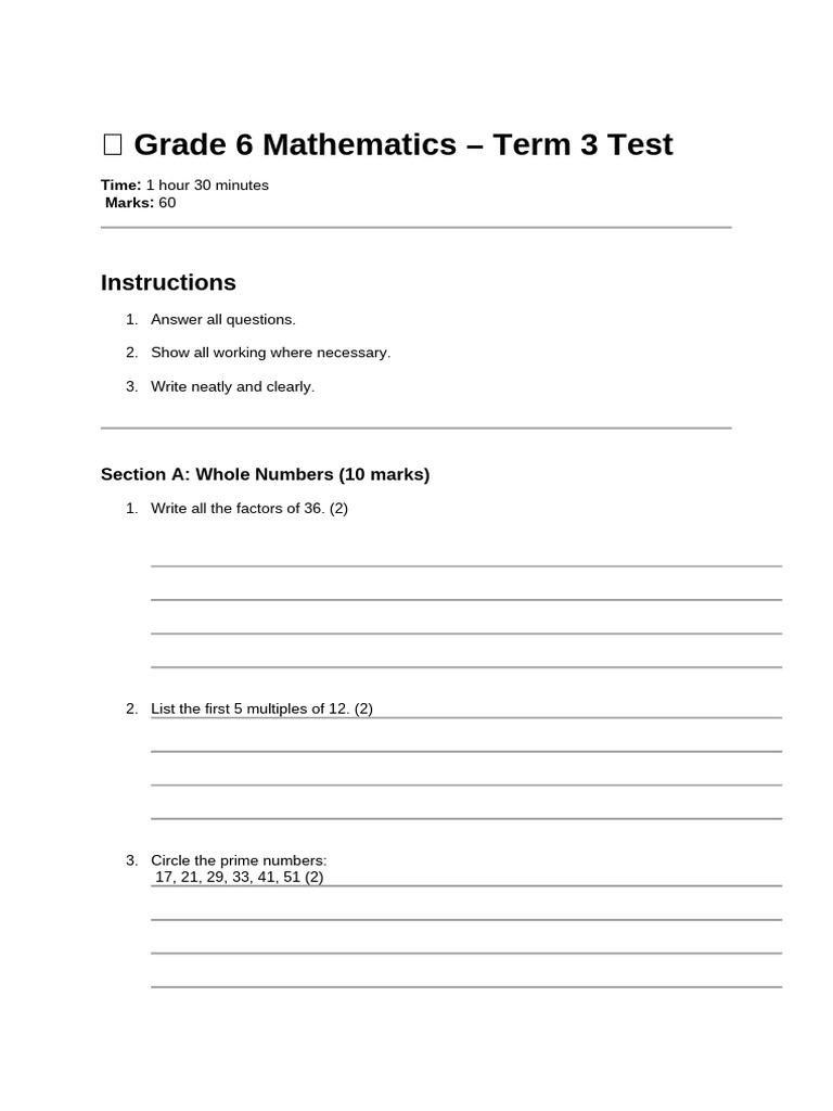 Grade 6 Term 3 Maths Test Paper | PDF