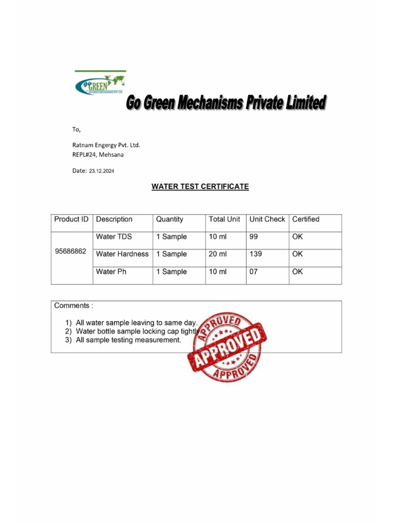 Water Test Certificate DEC.2024 | PDF