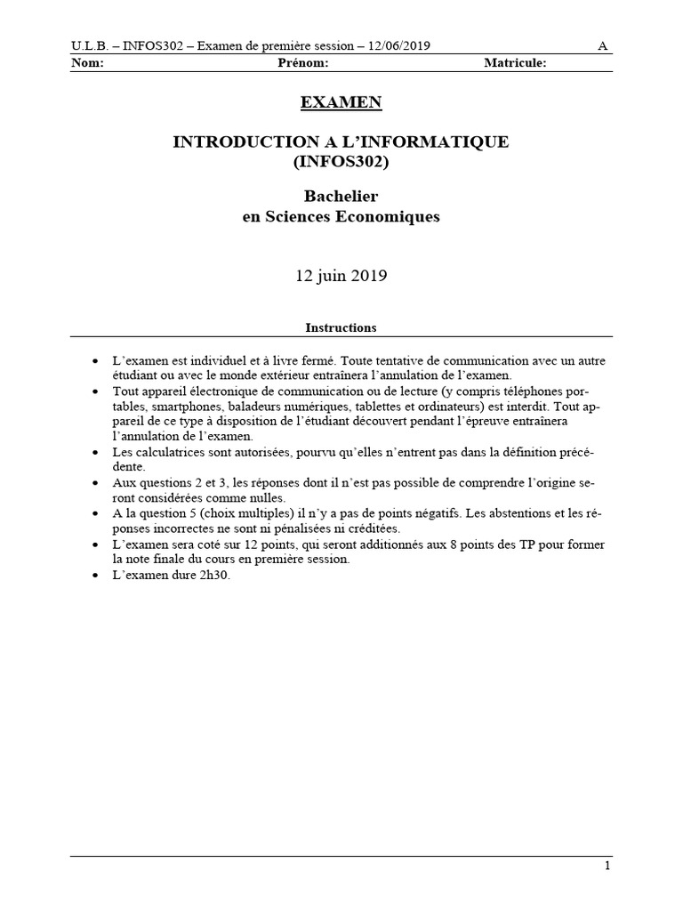 Examen INFOS302 ULB - 12 Juin 2019 | PDF | Serveur (Informatique ...