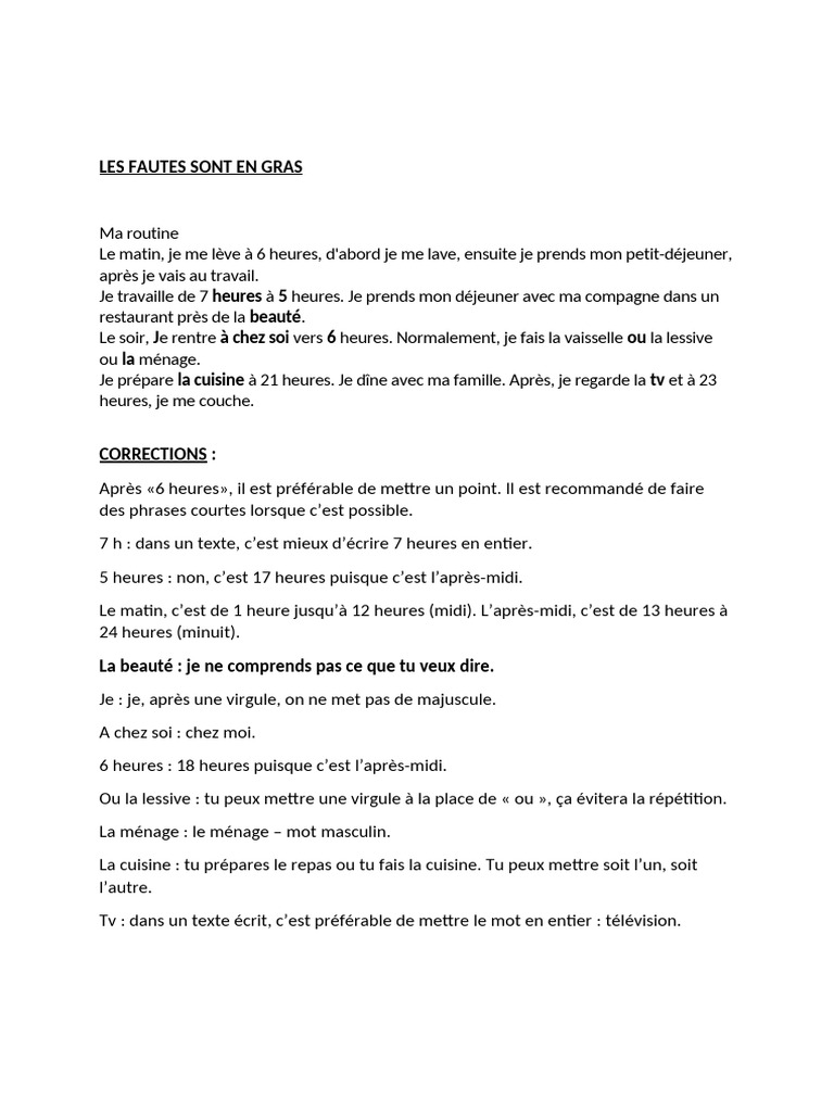 Routine quotidienne et corrections de texte | PDF