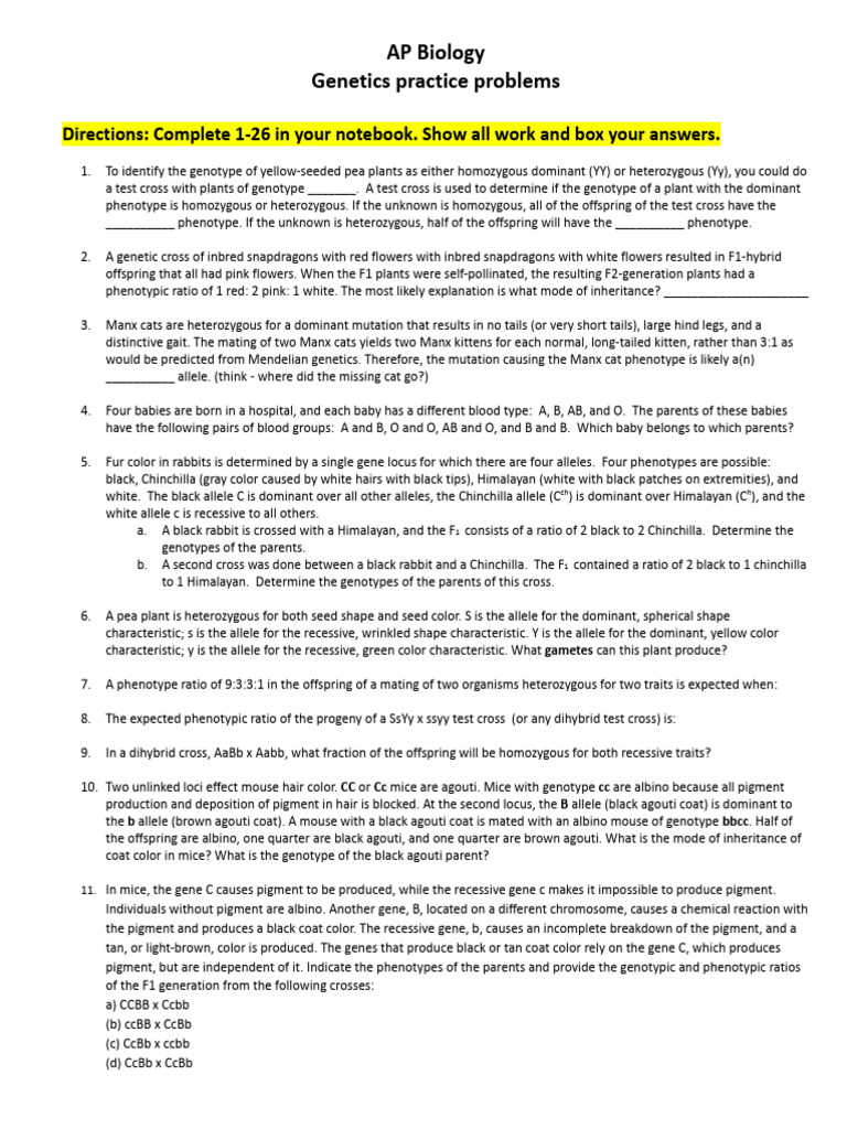 AP Biology Genetics Practice Problems | PDF | Dominance (Genetics ...