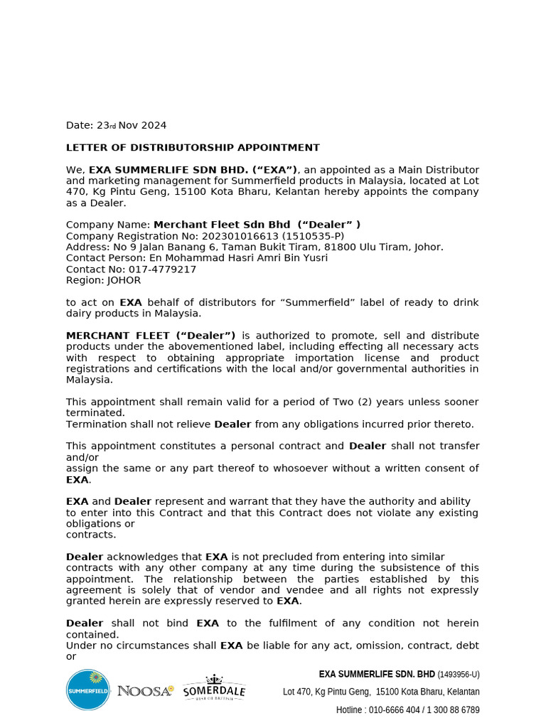 Distributor Appointment for Summerfield | PDF | Indemnity | Law Of ...