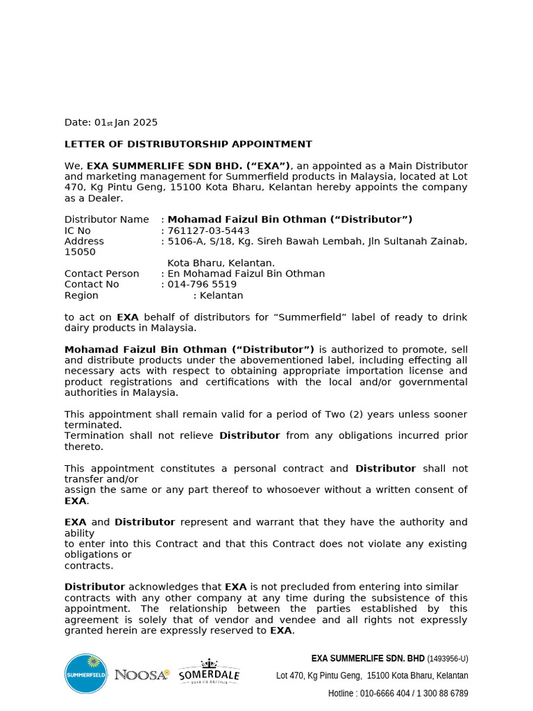 Distributor Appointment for Summerfield Products | PDF | Indemnity ...