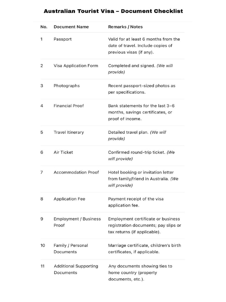 Australian Tourist Visa - Document Checklist | PDF