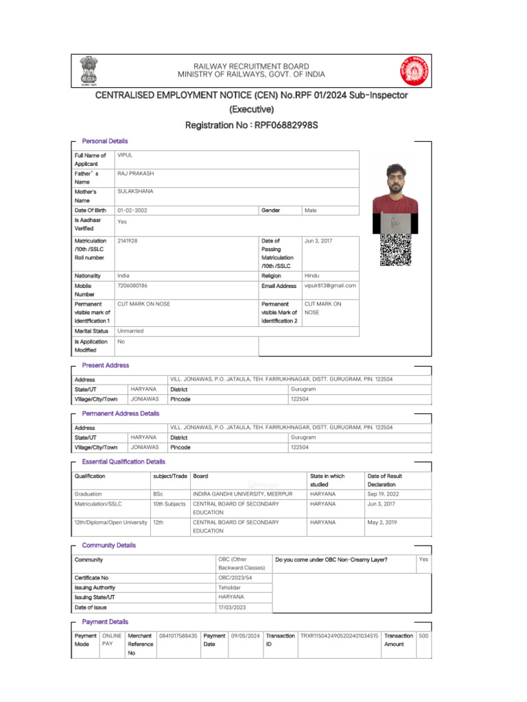 RPF Sub-Inspector Application Details | PDF