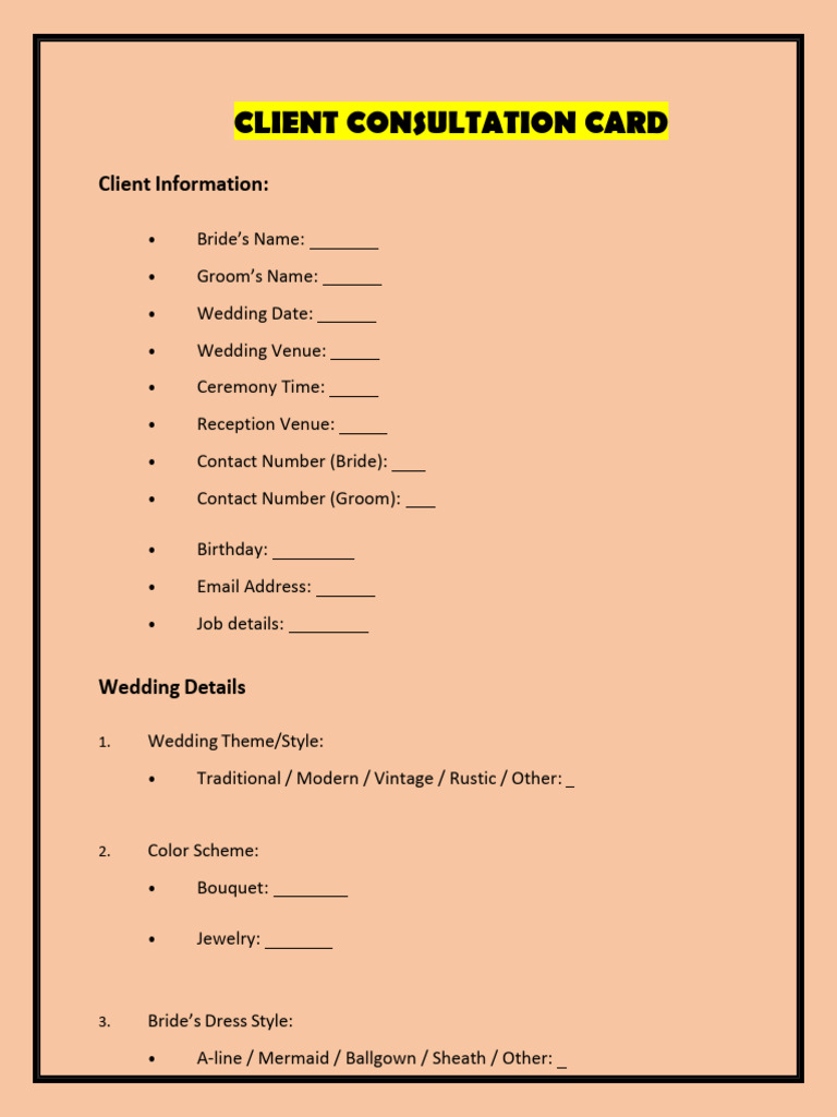 Wedding Client Consultation Card | PDF