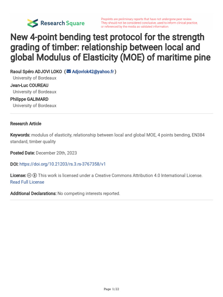 New 4-Point Bending Test for Timber MOE | PDF | Bending | Young's Modulus