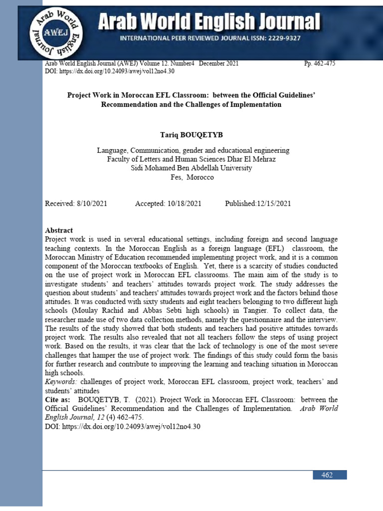 Project Work in Moroccan EFL Classrooms | PDF | English As A Second Or ...