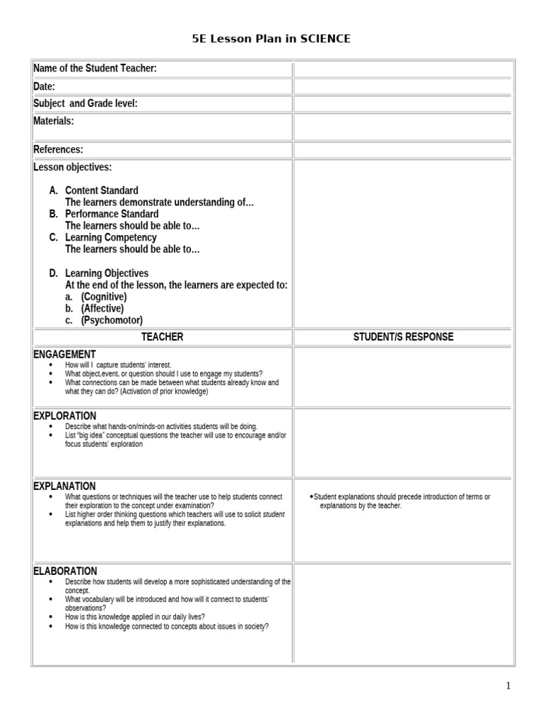 5E Science Lesson Plan Template | PDF
