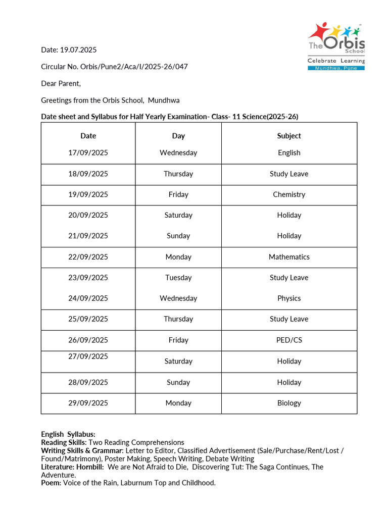 Class 11 Science Exam Schedule & Syllabus | PDF
