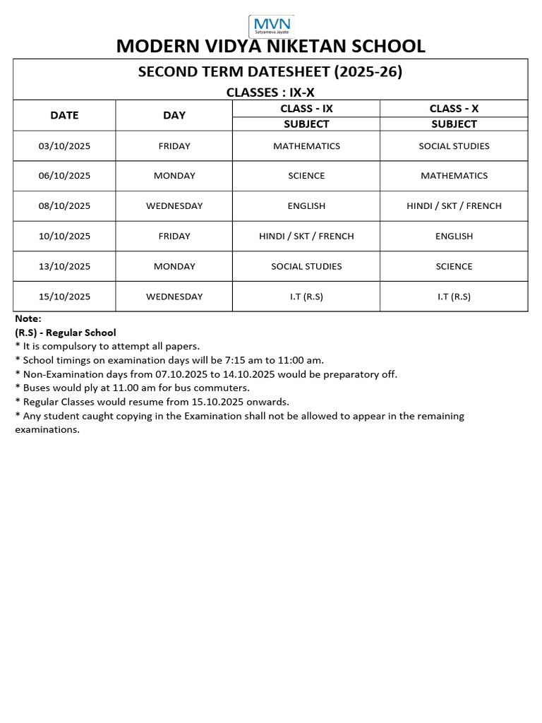 Second Term Datesheet | PDF