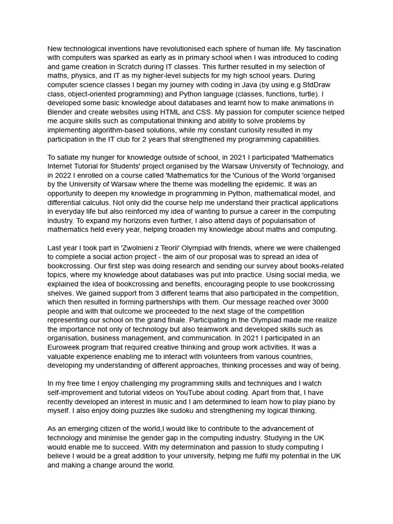 Personal Statement | PDF | Computer Programming | Mathematics