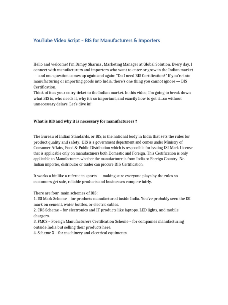 BIS For Manufacturers and Importers Detailed Script | PDF