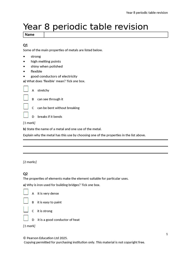 Year 8 Periodic Table Study Guide | PDF | Chemical Elements | Oxide