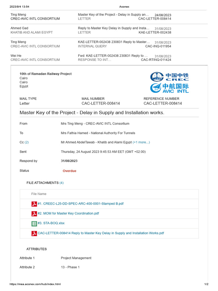 CAC-LETTER-008414 Master Key of The Project - Delay in Supply and ...