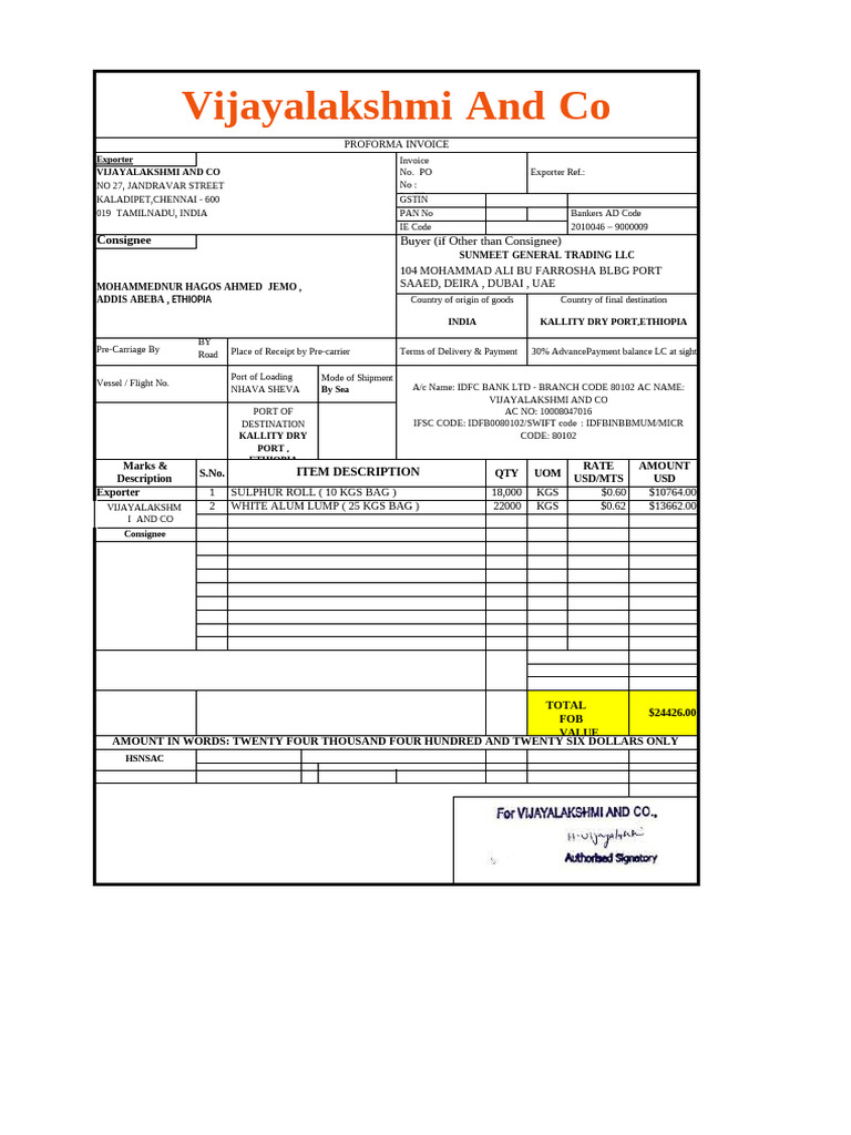 Proforma Invoice for Export to Ethiopia | PDF
