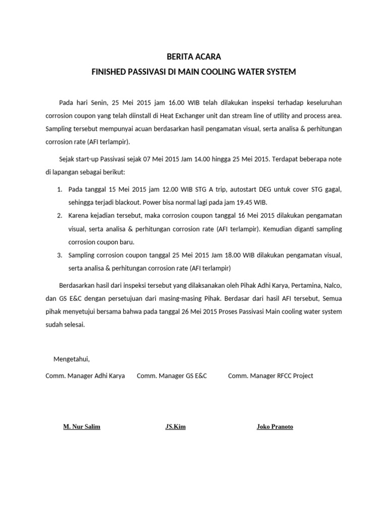 Main Cooling Water System Passivation Report | PDF | Physical Chemistry ...