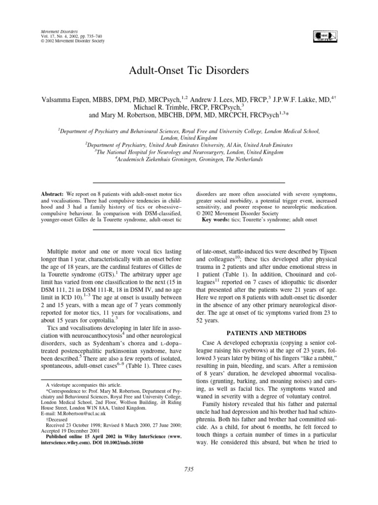 Adult-Onset Tic Disorders Overview | PDF | Tourette Syndrome ...