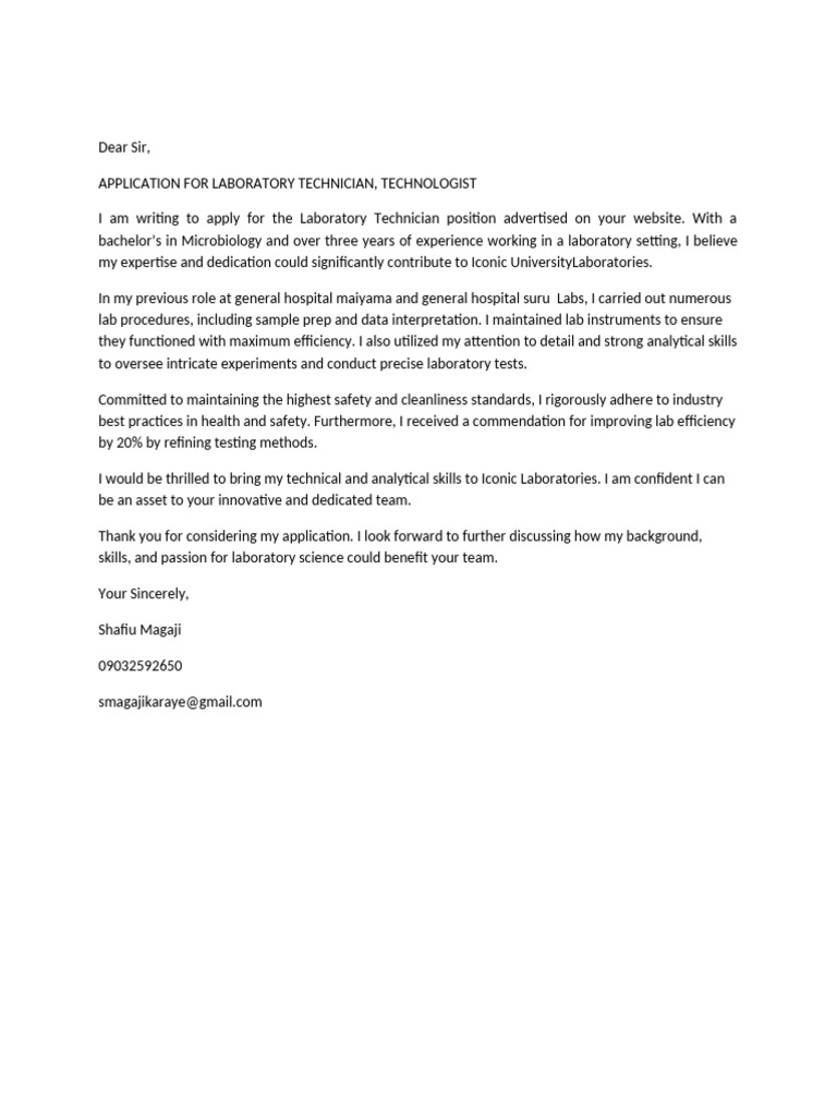 Laboratory Technician Application Letter | PDF
