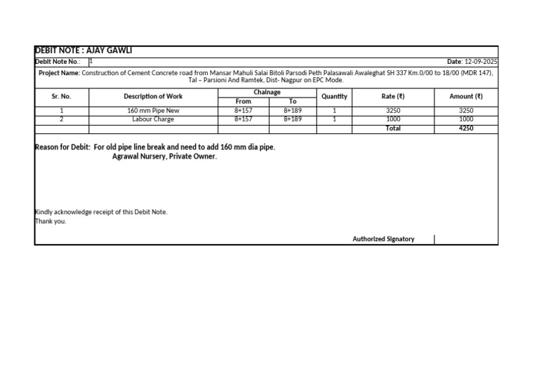 Debit Note for Pipe Installation Costs | PDF