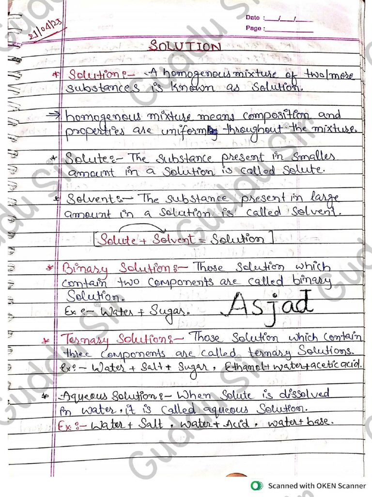 Solution (Chemistry) Class12th Full Notes | PDF