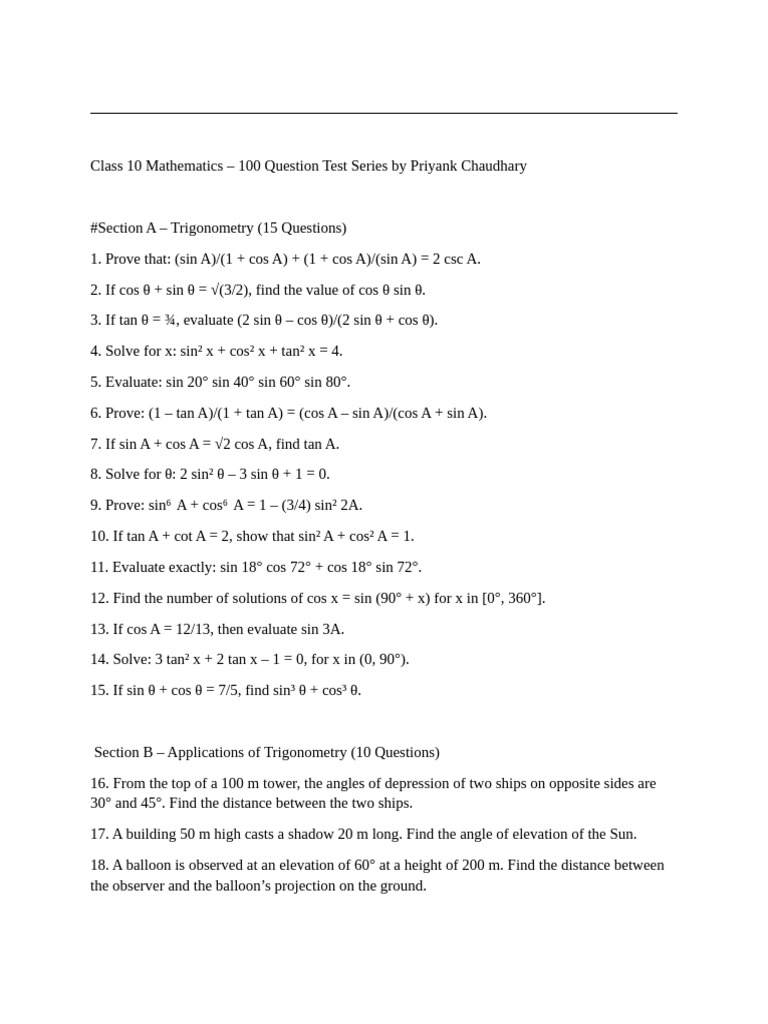 Class 10 Math: 100 Trigonometry Questions | PDF | Line (Geometry ...