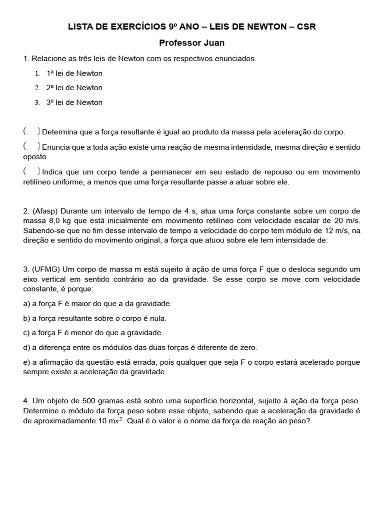 Exercícios sobre Leis de Newton 9º Ano | PDF | Força | Leis do ...
