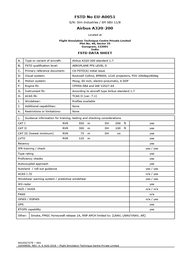 Airbus A320-200 FSTD Data Sheet | PDF | Avionics | Aviation