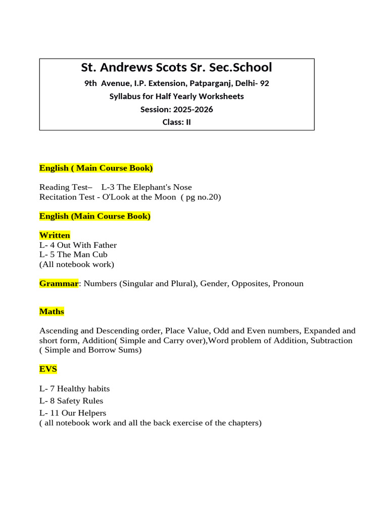 Class 2 Half Yearly Syllabus For Worksheets | PDF