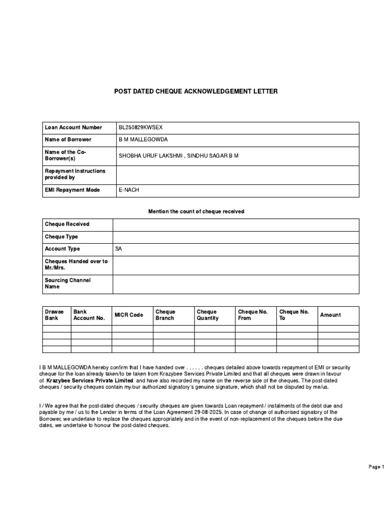 Post-Dated Cheque Acknowledgment Letter | PDF | Cheque | Loans