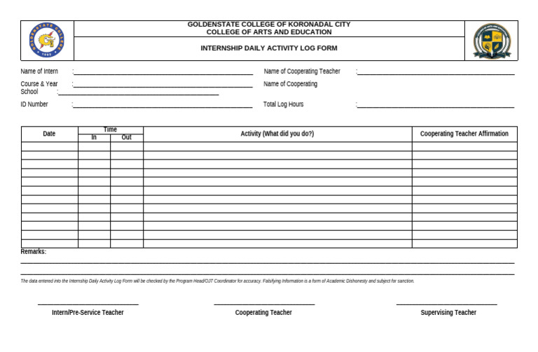 Internship Daily Activity Log Template | PDF