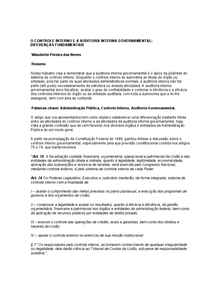 Diferenças entre Controle Interno e Auditoria | PDF | Auditoria interna ...