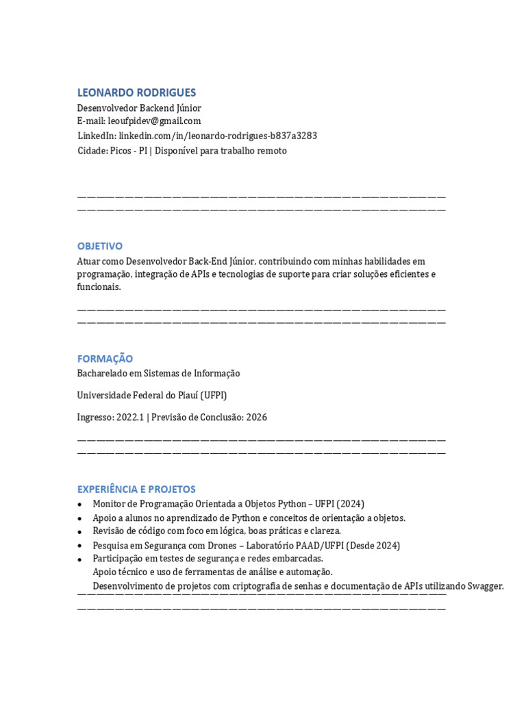 Currículo de Desenvolvedor Backend Júnior | PDF | Script Java | Informática