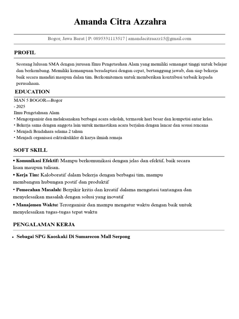 CV Amanda Citra Azzahra - 20250902 - 103053 - 0000 | PDF