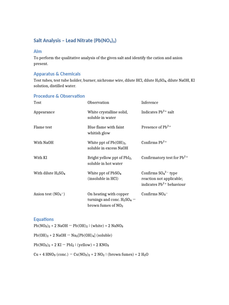 Lead Nitrate Salt Analysis | PDF