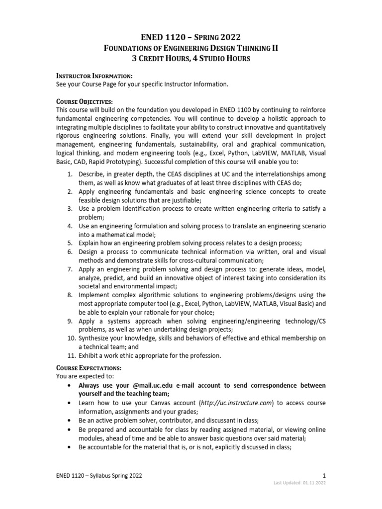 ENED 1120 Syllabus: Engineering Design II | PDF | Engineering | Design