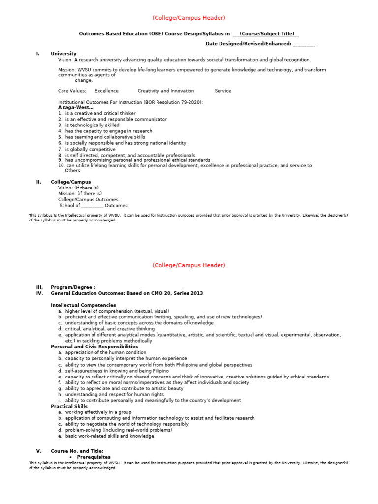 OBE Course Design Syllabus Template | PDF | Lecture | Knowledge