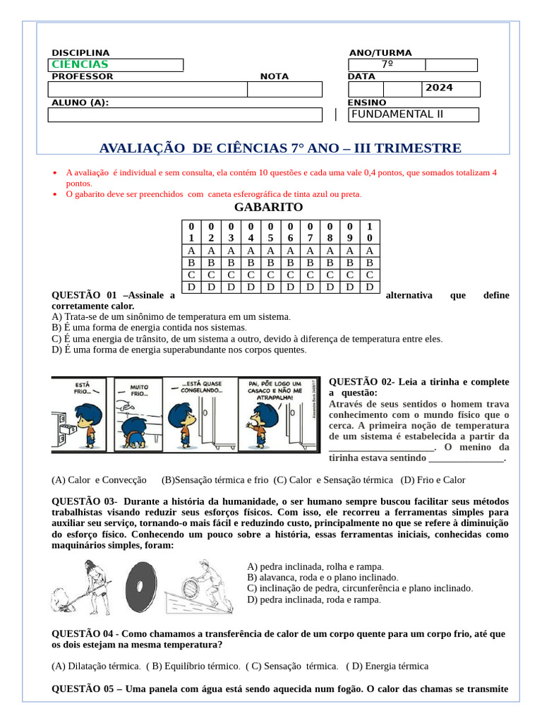 Avaliação de Ciências 7º Ano - III Trimestre | PDF | Calor | Temperatura
